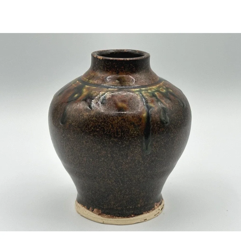 Artist Signed Rustic Speckled Pottery Vase Brown Green Studio Art 5.5